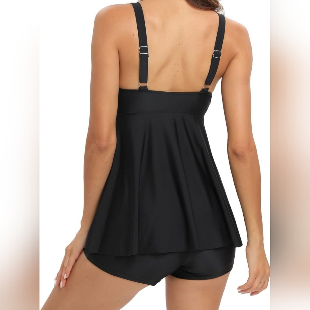 Women Two Piece Tankini Swimsuits Ruffle Tops with Boyshort Bathing Suit Black S - Picture 15 of 15